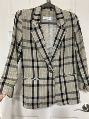 Laura Gayle Linen Black and Tan Plaid Single-Button Blazer Lightweight Summer